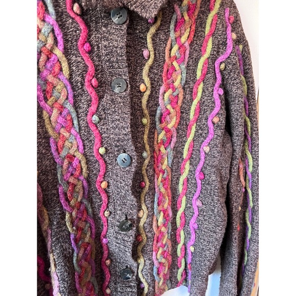 Talbots Womens XL Brown Marled Cardigan Multi Color Cable Knit Pom Pom Sweater - Picture 2 of 5